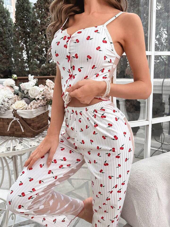 Kiraz Desenli Askılı Pijama Takımı