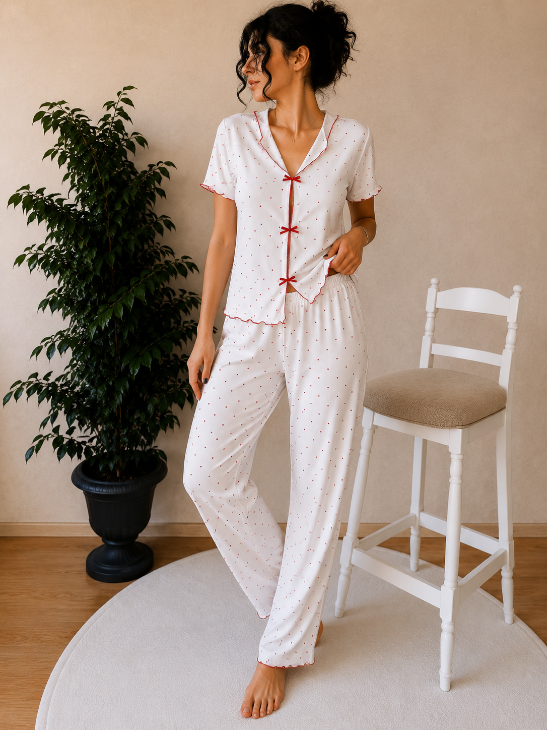 Nefes Alan Kumaşlı kısa kollu pijama takımı