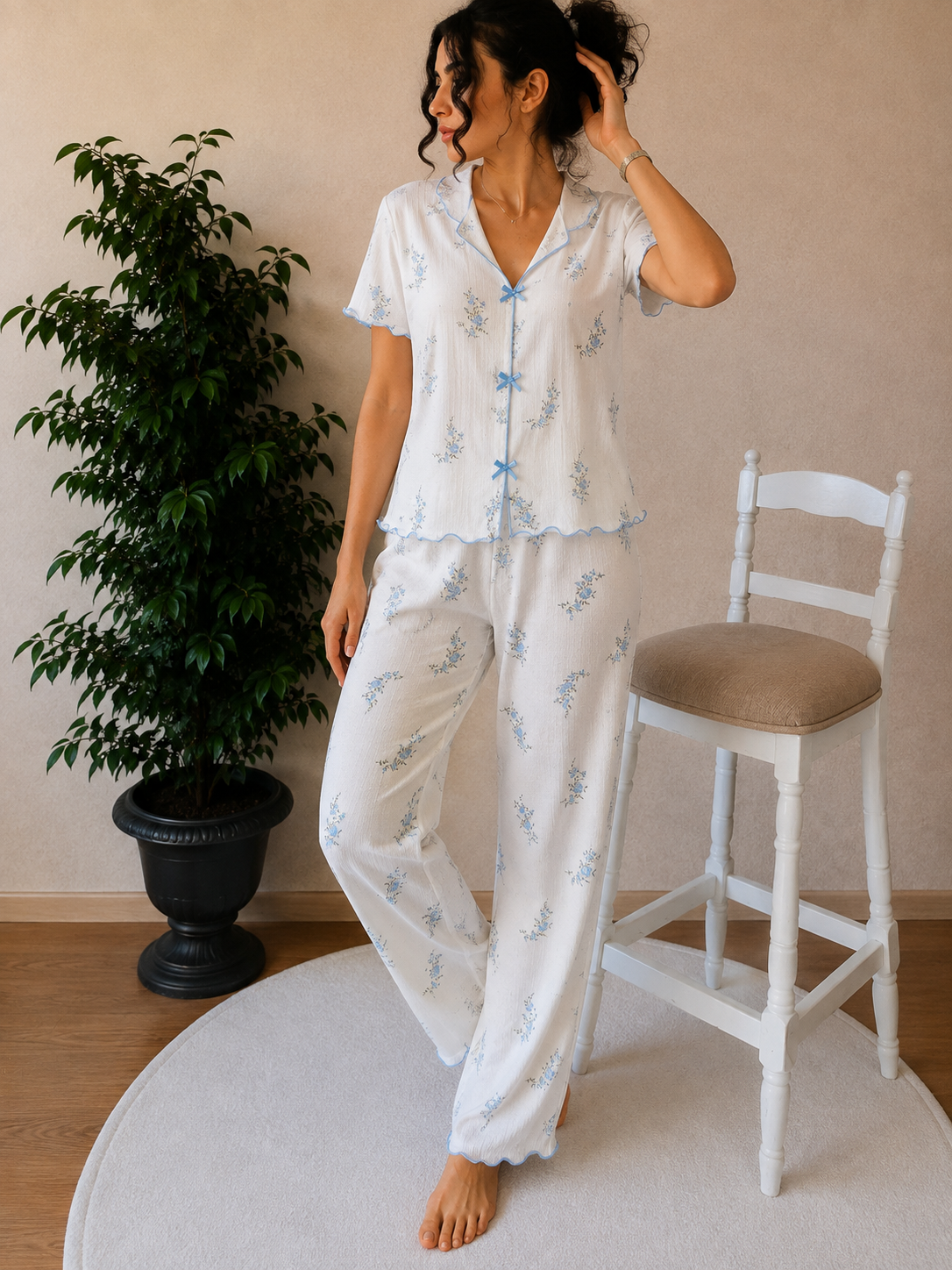 Nefes Alan Kumaşlı Kısa Kollu Pijama Takımı