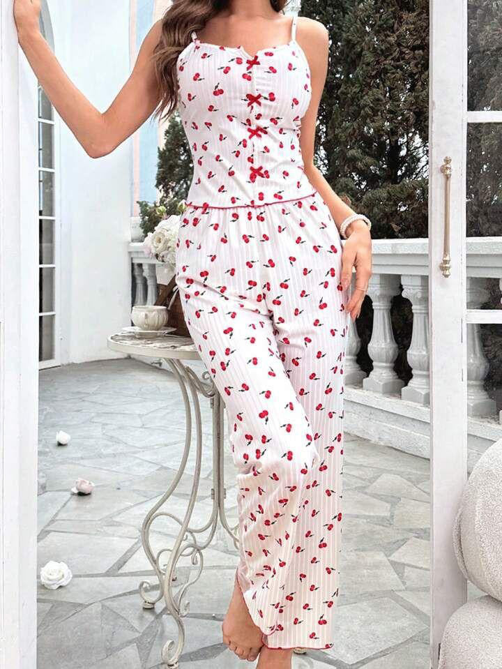 Kiraz Desenli Askılı Pijama Takımı