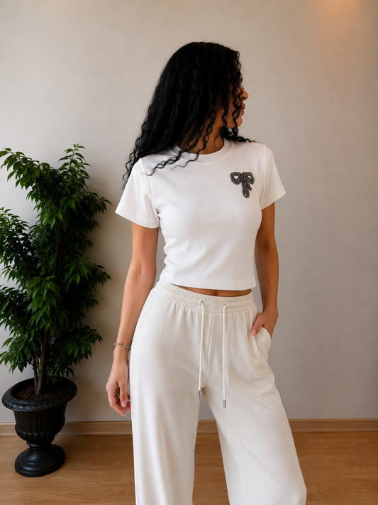 Taş Detaylı Crop Tişört