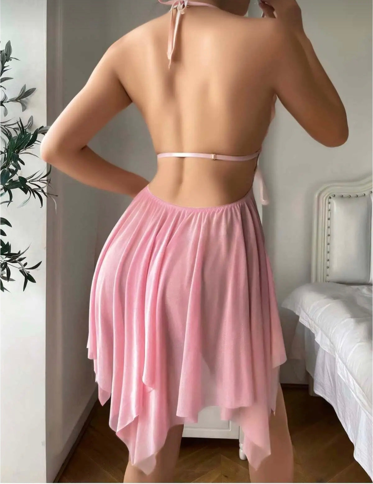 Kelebek Detaylı Tül Lüx Kısa Gecelik Pembe