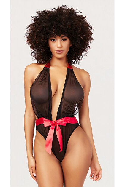 Kırmızı Fiyonk Detaylı Tül Body